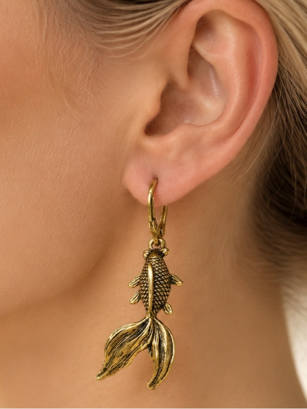 Gold Fish Charm Hoop Earrings - Women Jewelry